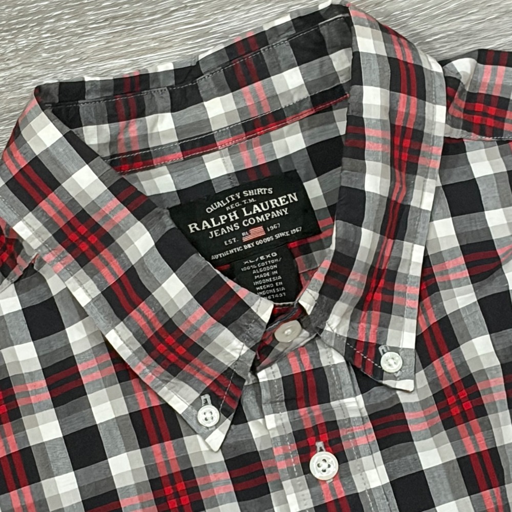 Ralph Lauren Jeans Company Mens XL Plaid Button Down Shirt RedBlack White Cotton